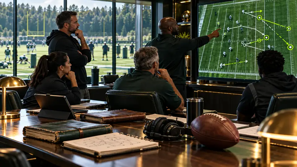 Fictional coaches examining football formations in a green-and-gold film room