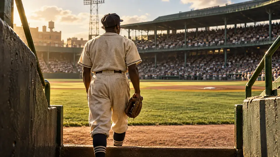 Illustrated tribute showing an anonymous Black baseball player entering a vintage ballpark