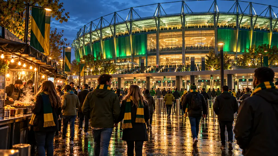 Fictional international football fans approaching a green-and-gold stadium at dusk