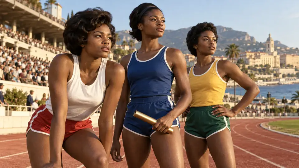 Original illustrated tribute showing fictional Black women sprinters with a relay baton beside a cinder track